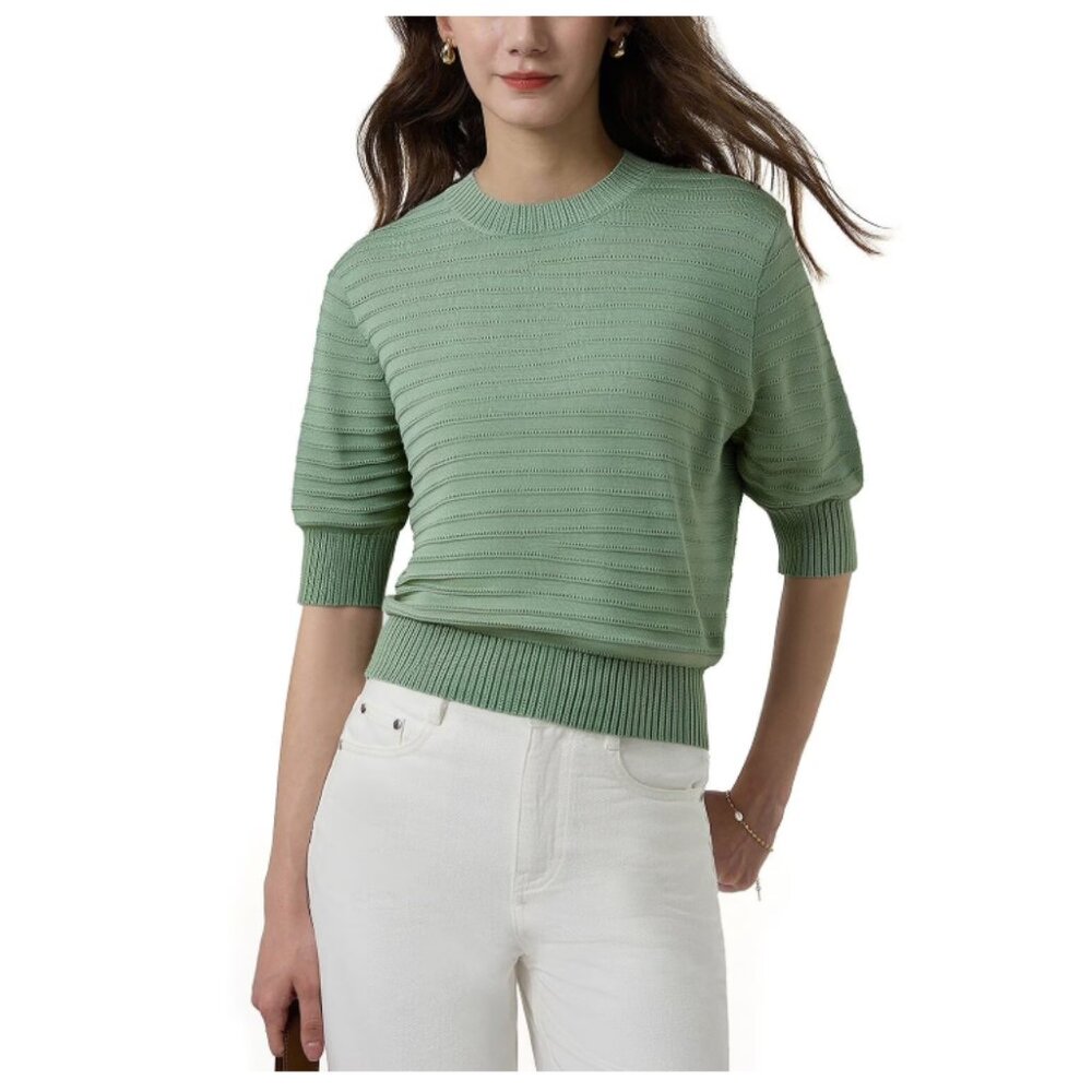 Frye Soft Sage Ribbed Short Sleeve Crew Sweater